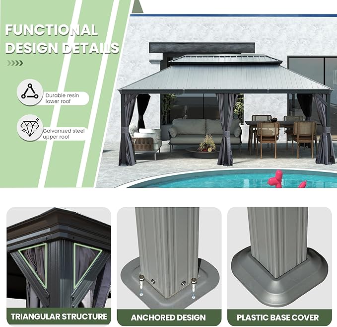 Domi 12' X 20' Hardtop Gazebo, Upgraded Metal Gazebo with Dual-Layer Resin Roof, Drainage System, Curtain and Netting, Outdoor Shelter Canopy for Patio, Garden, and Backyard, Grey