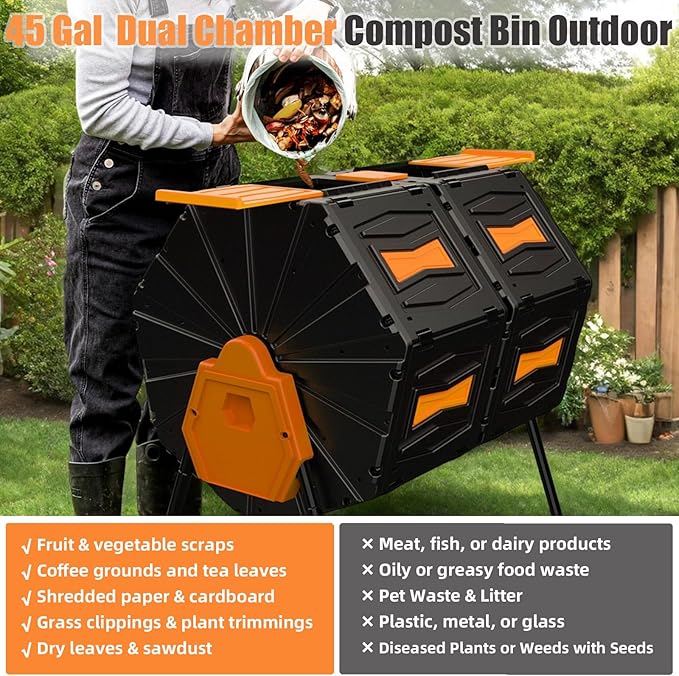GasXcel Compost Bin, 45 Gallon Dual Chamber Composter Tumbler, 360 Rotating Compost Bin Outdoor BPA-Free Fast-Working Tumbling Compost Barrel, Large Composting Bin Kitchen Garden Compost Tumbler