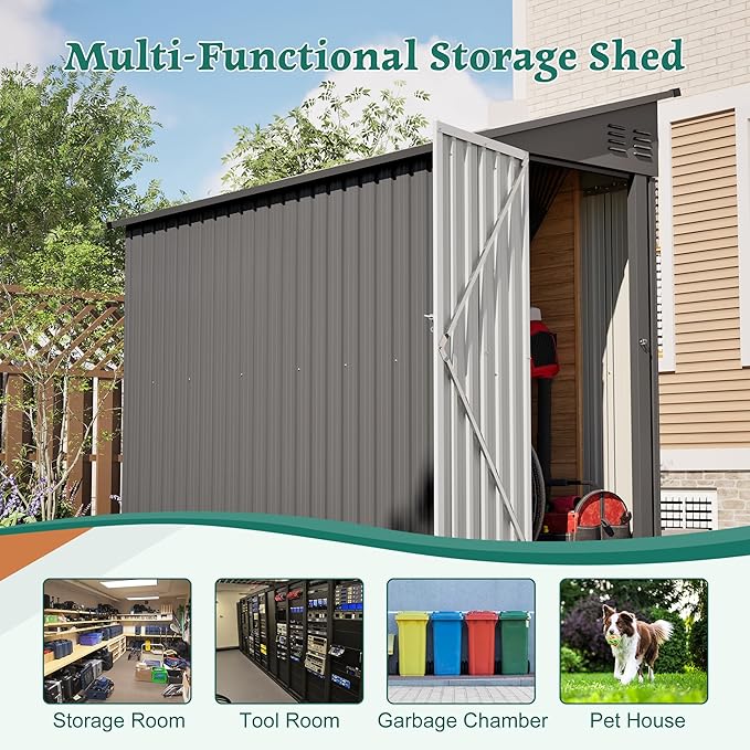 4×8 FT Lean to Metal Shed,Outdoor Heavy-Duty Storage Shed with Floor Base,All Weather Waterproof Garden Tool House W/Lockable Door&2 Air Vents,Reversible Door Design,for Backyard,Patio,Lawn,Gray
