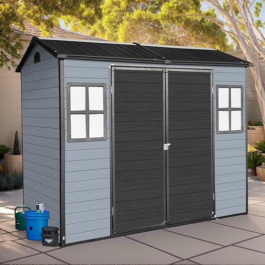 8x4FT Resin Outdoor Storage Shed with Floor and 2 Windows,Waterproof Plastic Sheds with Lockable Doors,Outside Garden Tools Sheds for Backyard Patio,Gay+Black