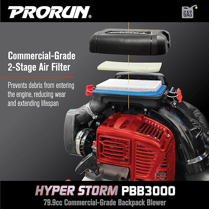 PRORUN PBB3000 Gas Backpack Leaf Blower, 79.9cc Commercial-Grade, 250 MPH, 1125 CFM, 50N