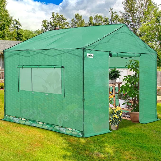 EAGLE PEAK 10x10 Portable Pop Up Greenhouse, Patented Center Lock Easy One Person Setup, Walk-in Outdoor Greenhouse with Gable Roof, Weight Bags, Zippered Doors & Windows - Winter Support Pole, Green