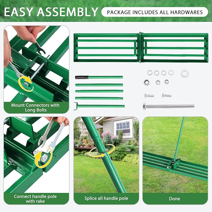 VINGLI Iron Lawn Leveling Rake 48in for Soil Sand Composs, Extended Handle, 180°Rotation Head, with All Handwares, for Yard Garden Golf Field, Green (48in)