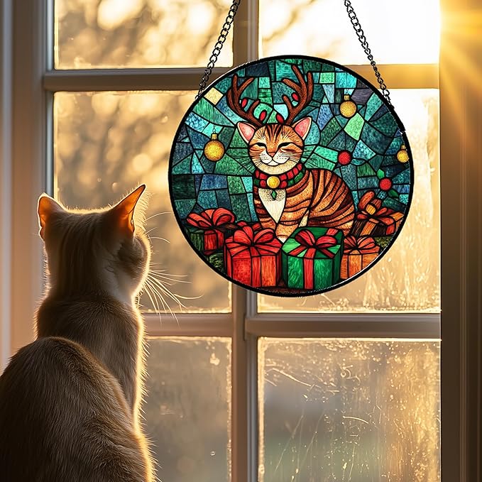 CRISGIF Stained Glass Window Hanging Cat with Elk Antlers Large 15" - Suncatcher Door Garden Sun Catcher Home Decor Birthday Christmas for Lost Pets Mom Men Woman Nana
