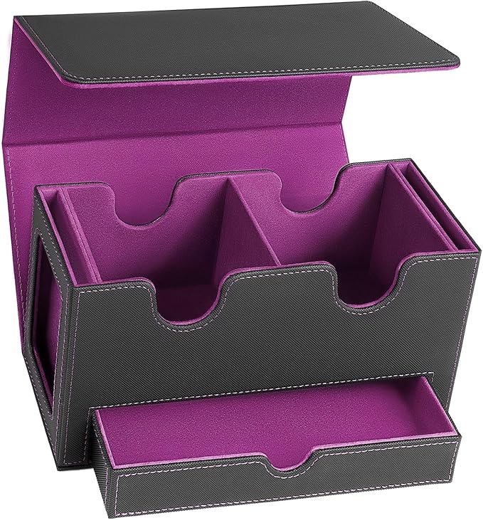MTG Deck Box with 2 Commander Display,Commder Deck Box Fits 310+ Cards，with Dice Tray,Leather Magnetic,Fits for TCG CCG Magic Cards (Black Purple)