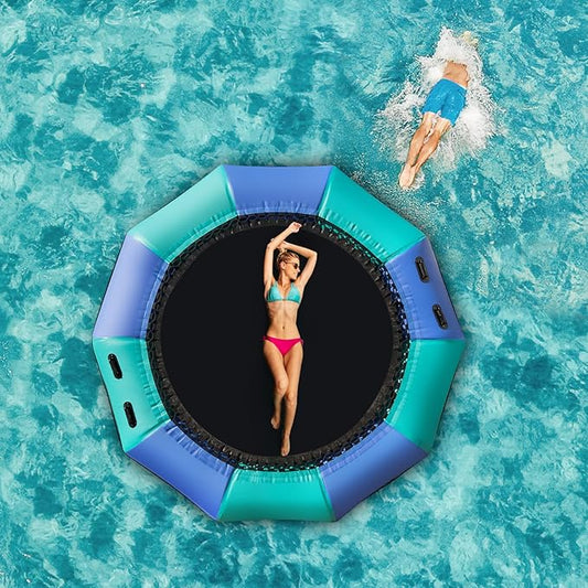 GYMAX Water Trampoline, Floating Lake Trampoline with Electric Pump & Rope Ladder, Inflatable Water Bouncer for Lake, Heavy Duty for Adults