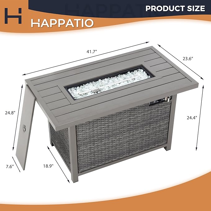 Fire Pit Table, HAPPATIO 42inch 50000 BTU Propane Fire Pit with Metal Fence Table Top, Lid, Black Glass Rock, CSA Safety Certified for Patio Balcony Backyard (Gray)
