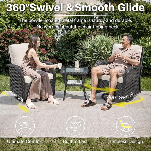 5 Piece Swivel Rocker Glider Outdoor Chairs Set of 2 with Ottoman and Glass Side Table Patio Bistro Furniture Set, Comfort High Back Wicker Patio Conversation Set for Deck Porch Sunroom