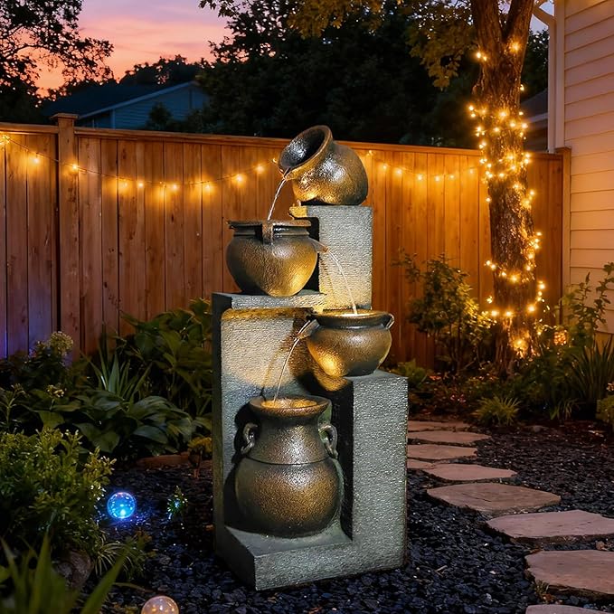 Bumilgar 53" H Large Outdoor Water Fountain with Lights - 4 Tiered Cascading Bowls Waterfall Fountain for Garden, Patio, Backyard, Porch Inside - Freestanding Outdoor Water Feature Gold