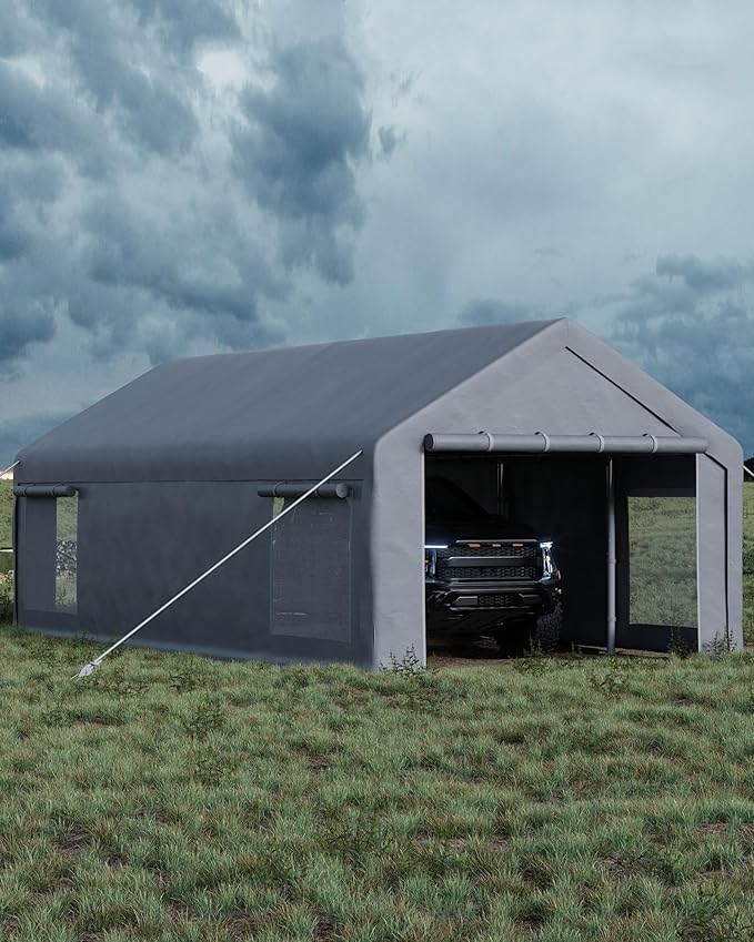 13x25 Ft Carport, Heavy Duty Portable Garage with Roll-Up Doors & 4 Windows,200g PE Tarp Waterproof & UV Protected,All-Weather Design,for Car, Boat, Truck, Motorcycle, ATVs, and SUV