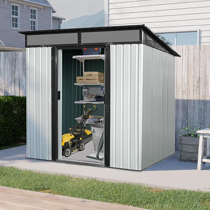 6X5 FT Outdoor Storage Shed, Waterproof Metal Garden Sheds with Lockable Door, Steel Tool Storage Buildings Shed & Outdoor Storage House for Garden, Backyard, Patio, Lawn, Trash Cans(White + Black)