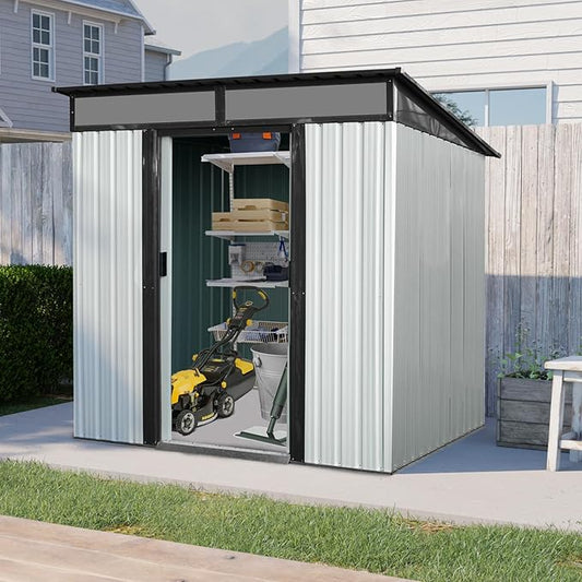 6X5 FT Outdoor Storage Shed, Waterproof Metal Garden Sheds with Lockable Door, Steel Tool Storage Buildings Shed & Outdoor Storage House for Garden, Backyard, Patio, Lawn, Trash Cans(White + Black)