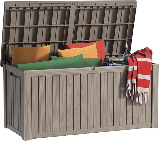 EasyUp 200 Gallon Outdoor Storage Box Waterproof, Lockable Resin Deck Box UV Resistant with Hydraulic Rod, Reinforced Stability for Patio, Garden, and Pool, Striped Gray