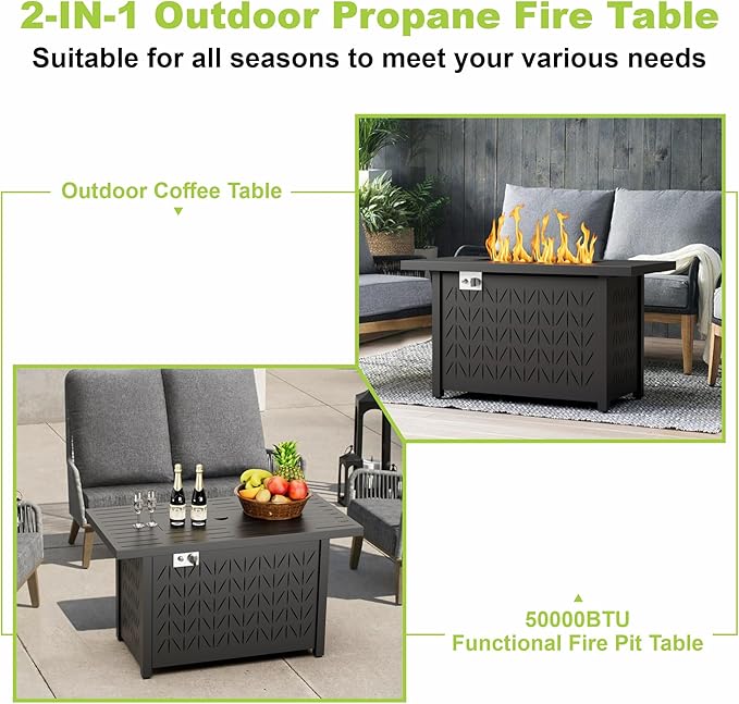 Dineli 43-Inch Rectangular Propane Fire Pit Firepits for Outside Patio Fire Pit Table, Gas Fire Pits with Adjustable Feet, Tabletop Fire Pits for Backyard Deck Balcony, 50,000 BTU, Black