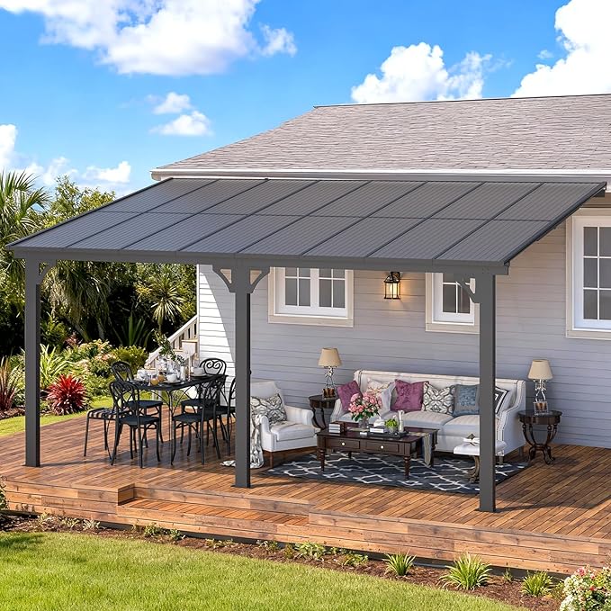 AECOJOY 10' x 16' Adjustable Height Outdoor Lean to Gazebo Pergola for Patio, Large Wall-Mounted 8.1-9.8 Ft Hard Top Metal Heavy Duty Metal Awnings Shelter Pergolas and Gazebos Clearance with Roof