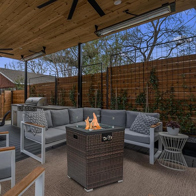 Propane Fire Pit Table, 22 Inch Wicker Firepits for Outside, Square Gas Fire Pit for Outside Patio, Propane Fire Table for Patio, Backyard, Pool, 40,000 BTU, Tank Inside, Dark Brown