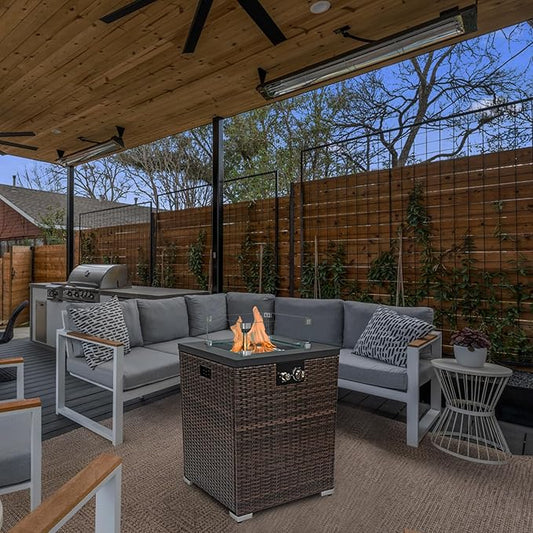 Propane Fire Pit Table, 22 Inch Wicker Firepits for Outside, Square Gas Fire Pit for Outside Patio, Propane Fire Table for Patio, Backyard, Pool, 40,000 BTU, Tank Inside, Dark Brown