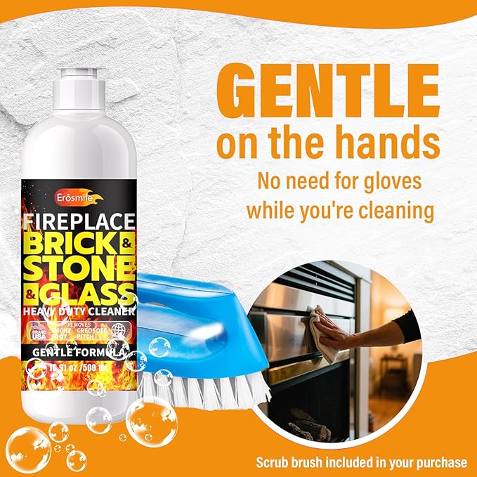 Fireplace Cleaning Set Fireplace Soot Remover with Scrub Brush for Brick, Stone, Rock, Tile, and Marble – Nonabrasive Brick Cleaner, Gentle Formula for Bricks & Glass Indoor and Outdoor -16 oz