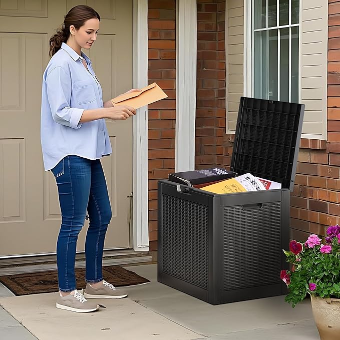 NUNU LAB 35 Gallon Outdoor Storage Box Waterproof, Outside Package Delivery Deck Boxes with Lockable Lid, Backyard Storage Bin For Garden Tools, Patio Cushions, Pool Accessories, Black