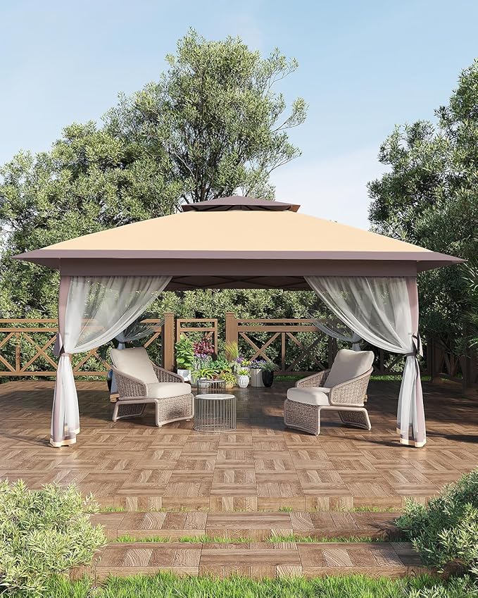 Canopy Tent 12x12, Pop Up Gazebo Tent Easy Setupwith 4 Sand Bags for Backyard Garden Patio, Mosquito Netting & Height Adjustable - Dark Brown