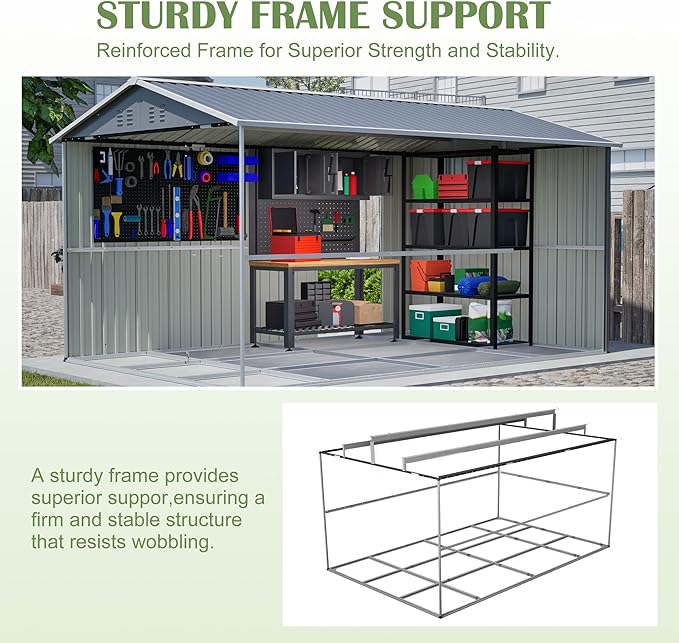 8x12 FT Metal Outdoor Storage Shed,Garden Shed W/ 2 Reversible Lockable Doors & Updated Frame Structure,Outdoor Backyard Tool House W/ 4 Air Vents & Sloped Roof,for Patio,Lawn,Grey