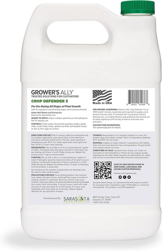 Grower's Ally Crop Defender 3 Concentrate - Natural Miticide, Insecticide, Fungicide Control for Plants - OMRI Listed Garden Safe Spray Killer for Powdery Mildew & Mites - 1 Gallon, Makes 400