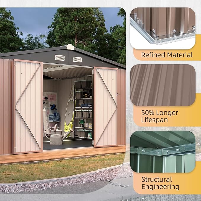 Aoxun 12x10 FT Galvanized Steel Outdoor Storage Shed - Metal Garden Shed with Double Doors, Thick Moisture-Proof Interlocking Floor, Ventilation System - Ideal for Generator & Tool Storage (Brown)