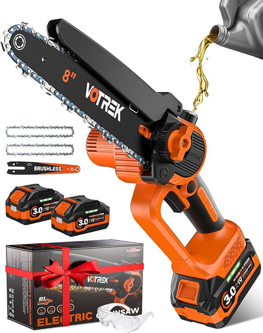 VOTREK 8 inch Mini Chainsaw Cordless with 2x3.0AH Batteries - Powerful Brushless Electric Handheld Small Chain Saw for Wood Cutting, Tree Trimming & Branch Cutting, Auto Oiler & Tool-Free Tensioner