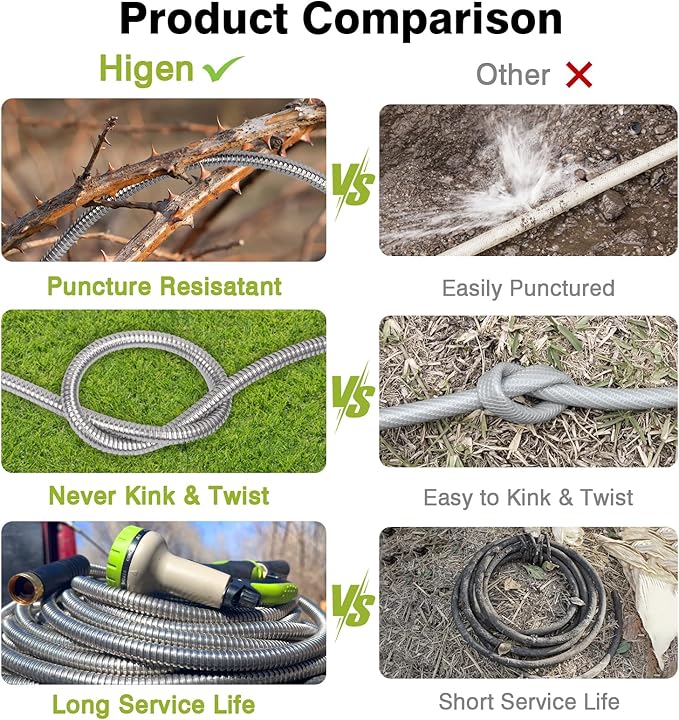 Metal Garden Hose 100FT - Heavy Duty Stainless Steel Metal Water Hose With 10 Function Nozzle, Lightweight, No Kink, Durable and Leak Proof Flexible Garden Hose for Yard, Outdoor