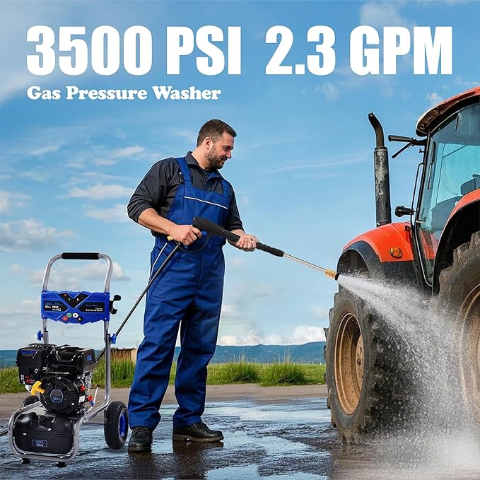 Ezasin Gas Pressure Washer 3500 PSI, 2.3 GPM Heavy Duty High Power Washer,209CC 7HP Engine with 25Ft Pressure Hose, Axial Aluminum Pump, Soap Tank, 4 Quick Connect Nozzle (Blue)
