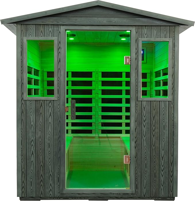 LTCCDSS Carbonized Composite Wood Outdoor Sauna 4-Person - Low EMF Far Infrared Sauna for Home - Bluetooth Speakers, LED Reading Lamps, Chromotherapy Lights (68.1 * 52.4 * 82.7 inch)