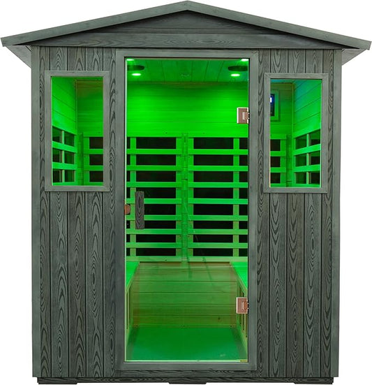 LTCCDSS Carbonized Composite Wood Outdoor Sauna 4-Person - Low EMF Far Infrared Sauna for Home - Bluetooth Speakers, LED Reading Lamps, Chromotherapy Lights (68.1 * 52.4 * 82.7 inch)