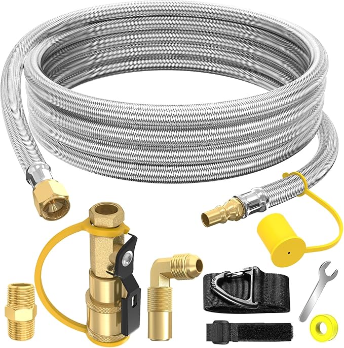 12FT Propane Quick Connect Hose for RV to Gas Grill, RV Quick Connect Propane Hose with 1/4" Safety Shutoff Valve, Female Quick Disconnect with Elbow Adapter for Blackstone 17"/22" Griddle