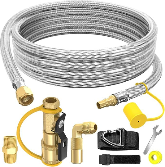 12FT Propane Quick Connect Hose for RV to Gas Grill, RV Quick Connect Propane Hose with 1/4" Safety Shutoff Valve, Female Quick Disconnect with Elbow Adapter for Blackstone 17"/22" Griddle