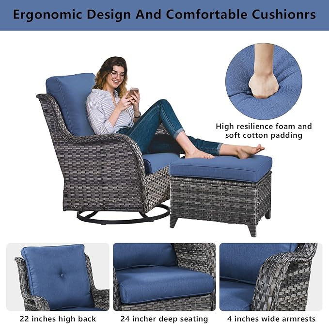 Belord Wicker Outdoor Furniture Patio Furniture Set - 6 Piece Patio Conversation Set with Swivel Rocker Chairs, Rattan Sofa, Ottomans and Coffee Table, Blue Cushion