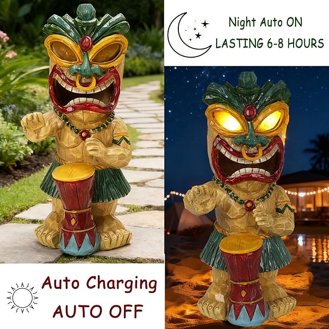 halp·ssfm Solar Tiki Garden Statue with LED Eyes Outdoor Polynesian Drummer Hawaiian Party Decor Solar Light Ornament for Patio Porch Lawn Tiki Bar or Tiki Lover Funny Stocking Stuffers Gifts