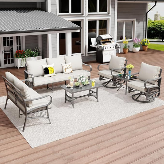 6 Piece Patio Furniture Set, 2 Single Swivel Chairs, Rope Braided Exposed with Thick Cushions, Outdoor All Weather Patio Conversation Sectional Sofa Set for Garden, Porch, Lawn, Beige