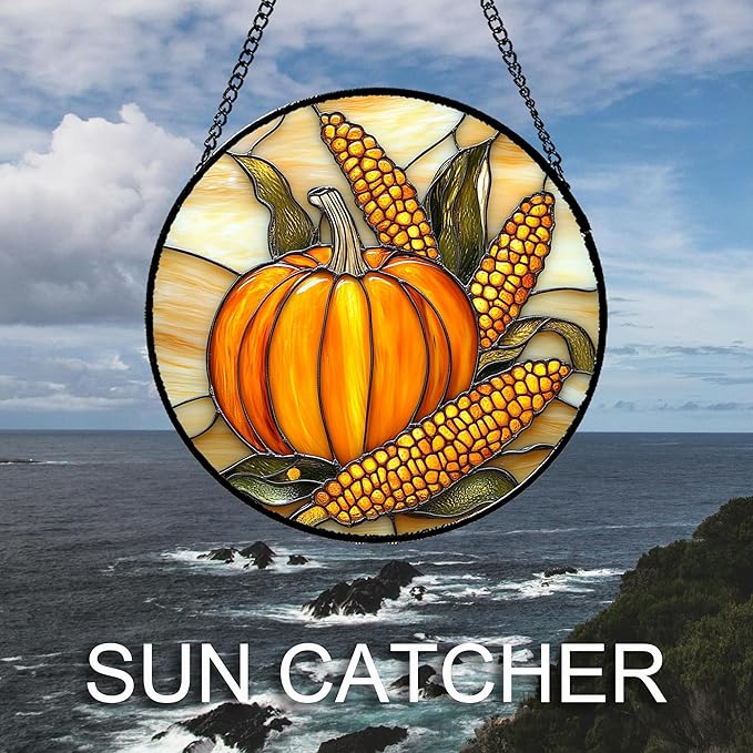 DASTOLL Stained Glass Window Hanging Autumn Harvest Pumpkin Corn Large 15" - Suncatcher Door Garden Kitchen Sunroom Sun Catcher Fall Home Decor Birthday for Mom Grandma Men Woman