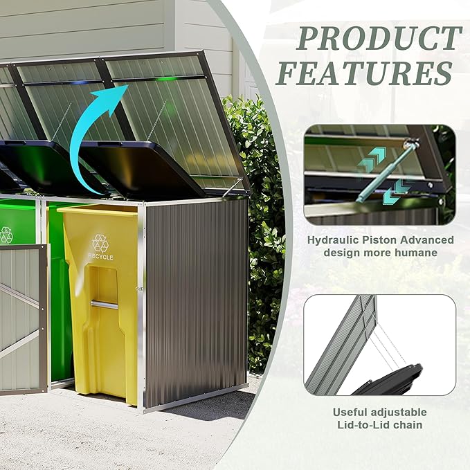 Outdoor Storage Shed Metal Trash Can Storage,120 Cu.Ft Garbage Can Storage Shed W/Lid Chain,Door Bolt & Pneumatic Spring Support Rods,for 3 Trash Bins,Bike,Garden Tools,Light Gray