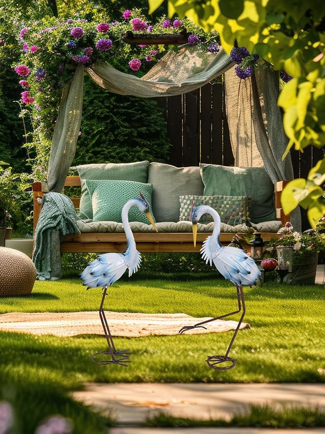 YEAHOME Garden Decor Outdoor Statues, 22"/20" Large Metal Heron Standing Yard Art, Blue Crane Lawn Sculptures Garden Decor for Outside Patio Porch Backyard, Set of 2