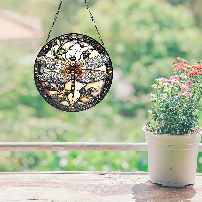 Stained Glass Sun Catcher,A Dragon-flyStained Glass Window Hanging Garden Decor,Sun Catchers Indoor Window,Whimsical Decoration for Home Backyard Patio Lawn Porch with 7.9 INCH