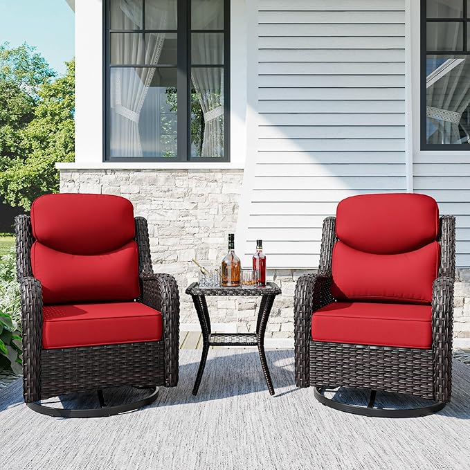 Patio Swivel Chairs Set of 2 and Side Table, Outdoor Swivel Rocker Patio Chairs with High Back and Thick Cushions, Wicker Patio Furniture Set for Porch, Deck Use (Red, 3 PCS)