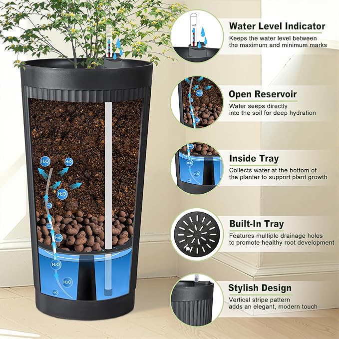 24" Tall Self Watering Planters for Indoor Plants, 2 Pack Large Plastic Outdoor Planter Pots with Built-In Water Reservoir and Level Indicator, Decorative Modern Flower Pots for Home & Patio (Black)