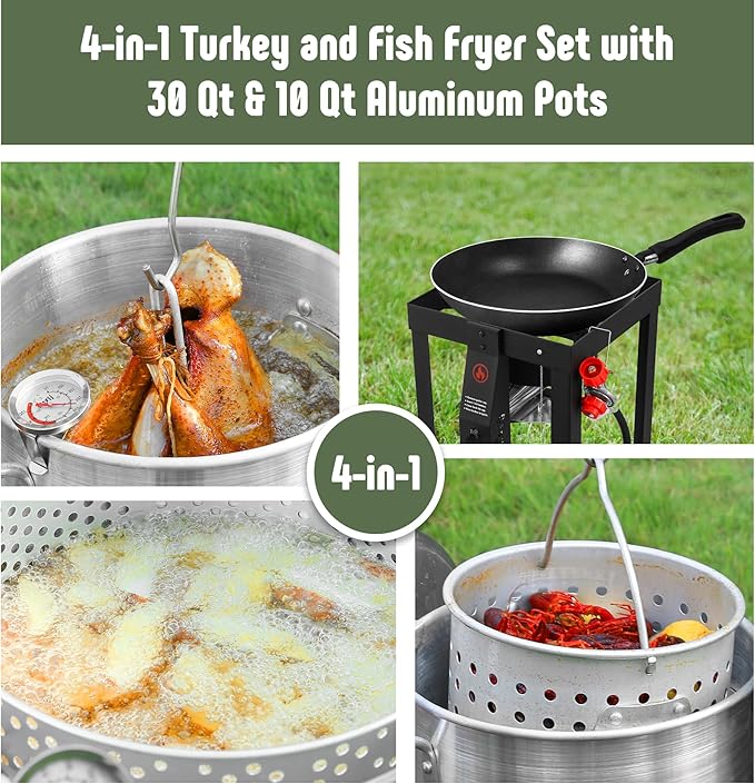 30 Qt Turkey Fryer with Basket & 10QT Fish Fryer Kit, 50,000 BTU Outdoor Propane Burner, CSA Certified, Auto Ignition, 10 PSI Regulator & Hose, for Thanksgiving Day Gathering