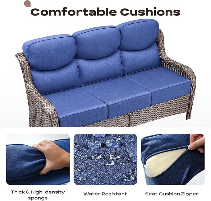 Rilyson Wicker Outdoor Patio Furniture Set - 8 Piece Patio Conversation Sets with Swivel Rocker Chairs, Ottomans, Sofa and Coffee Table, 6 inch Cushions, Deep Seating, for Porch Deck Brown/Blue