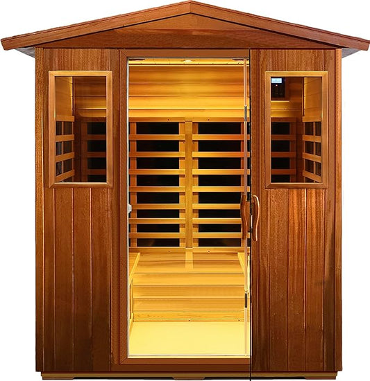 LTCCDSS Ultra-Low EMF Outdoor Mahogany Sauna 4 Person Far Infrared Sauna for Home EMF Average 0.5 mG, Withstand Outdoor Temp -10℉-149℉ Chromotherapy, Bluetooth Speaker