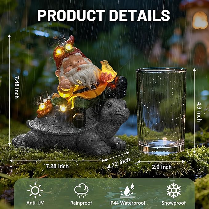 Ayadon Solar Gnome Statue Outdoor Decor, Gnome on Turtle Figurines with LED Light for for Fairy Garden Yard Balcony Lawn Christmas Housewarming Whimsical Gifts for Women Mom Grandma