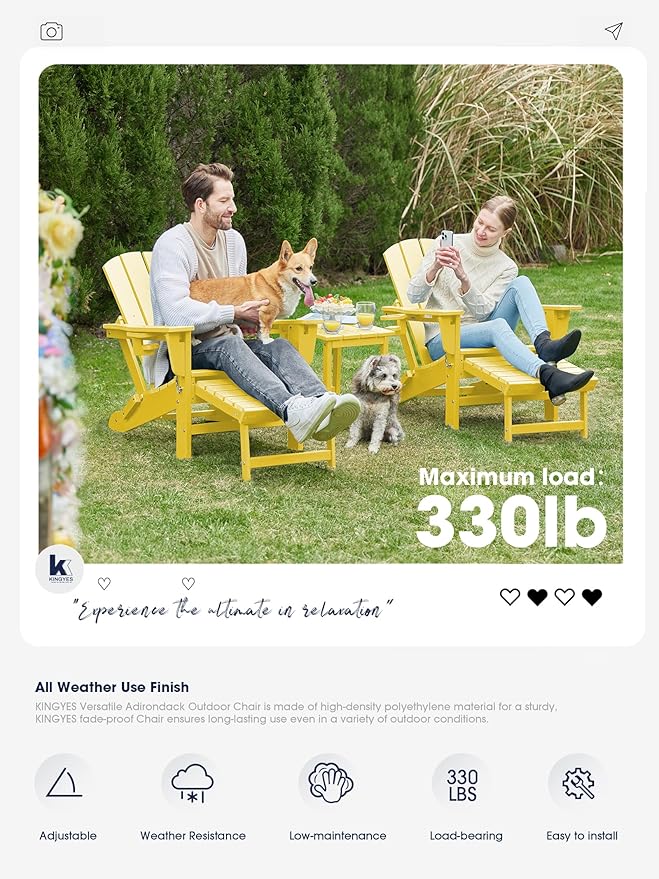 KINGYES Folding Adjustable Adirondack Chair with Ottoman & 2 Cup Holders Set of 2, HDEP Multifunctional Adirondack Chair with Footrest, Yellow