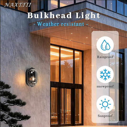 8.5 Inch Waterproof Bulkhead Light Fixture Black Bulkhead Wall Light Sauna and Dock Light with UL Listed Aluminum Frame and Thickened Clear Glass Shade 2 Pack