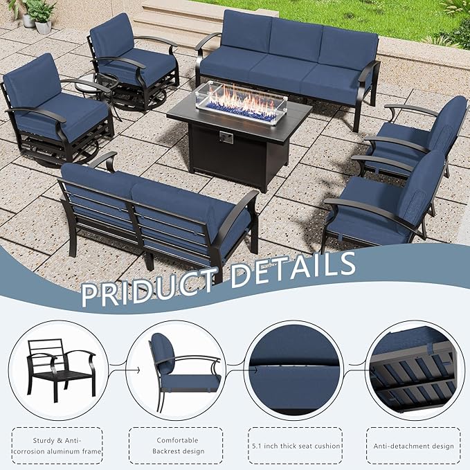 Aluminum Patio Furniture Set with Fire Pit Table, 9 Seats Outdoor Patio Conversation Set with Swivel Chair Modern Metal Patio Sectional Sofa with Upgrade Cushions for Patio, Backyard (Navy)